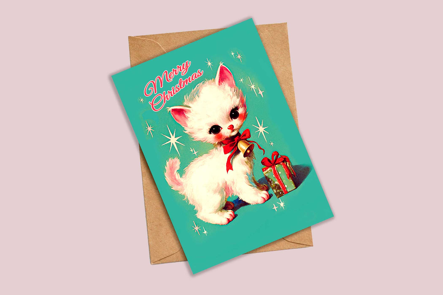 Kitschy Retro Christmas Card - Kawai Kitten