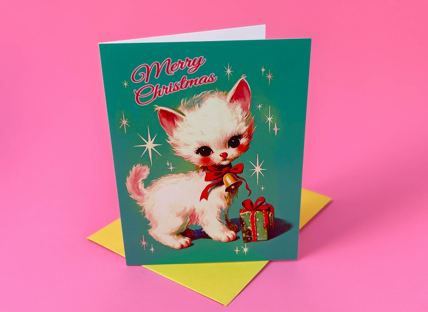 Kitschy Retro Christmas Card - Kawai Kitten