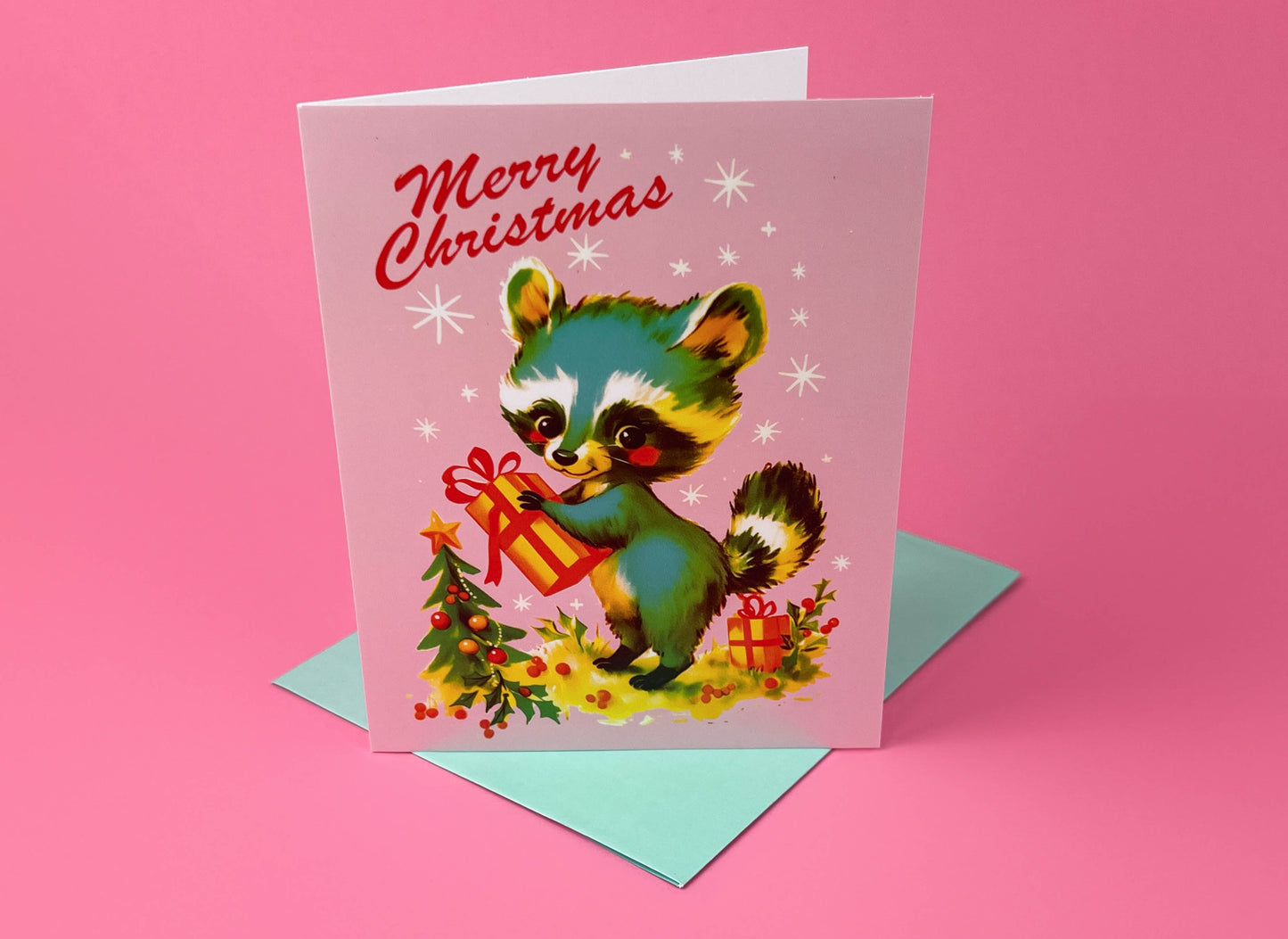 Anthropomorphic Raccoon Kitschy Christmas Card