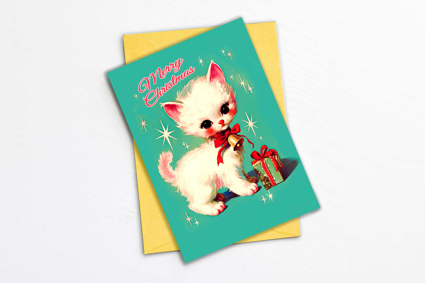 Kitschy Retro Christmas Card - Kawai Kitten