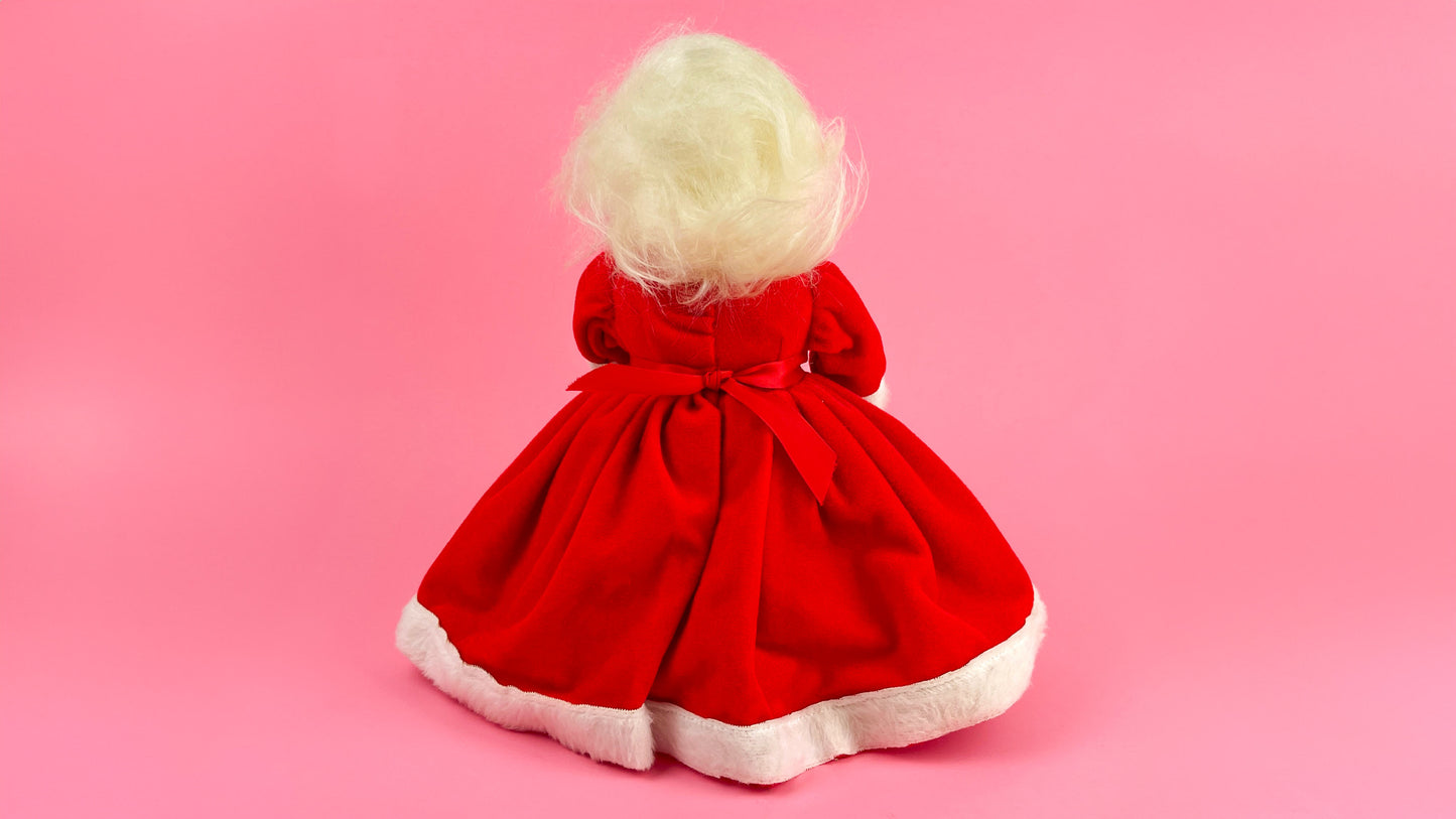 Vintage Kitschy Christmas Mrs. Claus Wearing Red Velvet Puffy Dress, White hair, Mid Century Christmas Kitsch 13.5" Tall