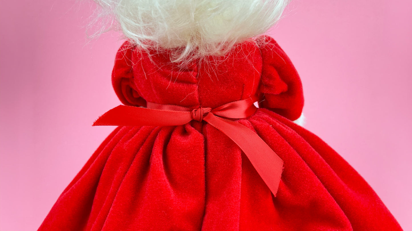 Vintage Kitschy Christmas Mrs. Claus Wearing Red Velvet Puffy Dress, White hair, Mid Century Christmas Kitsch 13.5" Tall