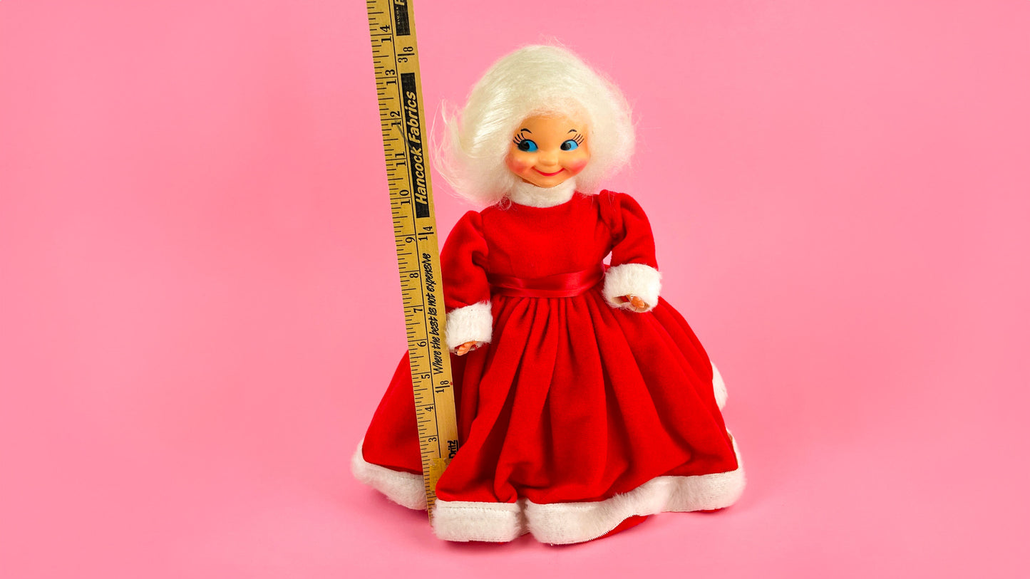 Vintage Kitschy Christmas Mrs. Claus Wearing Red Velvet Puffy Dress, White hair, Mid Century Christmas Kitsch 13.5" Tall