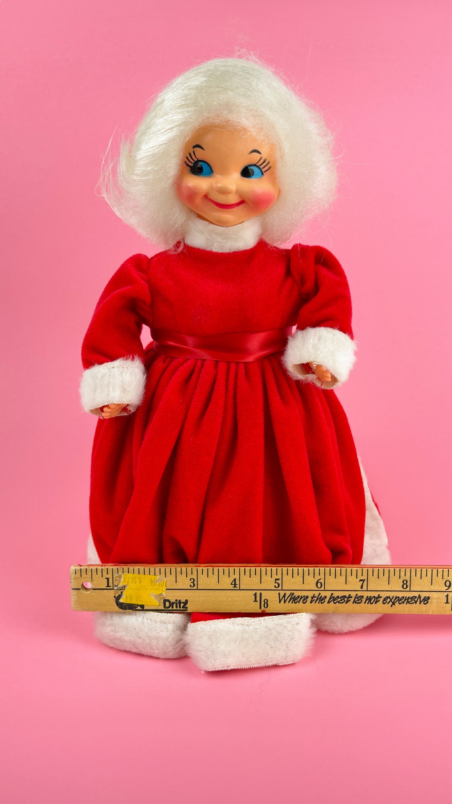 Vintage Kitschy Christmas Mrs. Claus Wearing Red Velvet Puffy Dress, White hair, Mid Century Christmas Kitsch 13.5" Tall