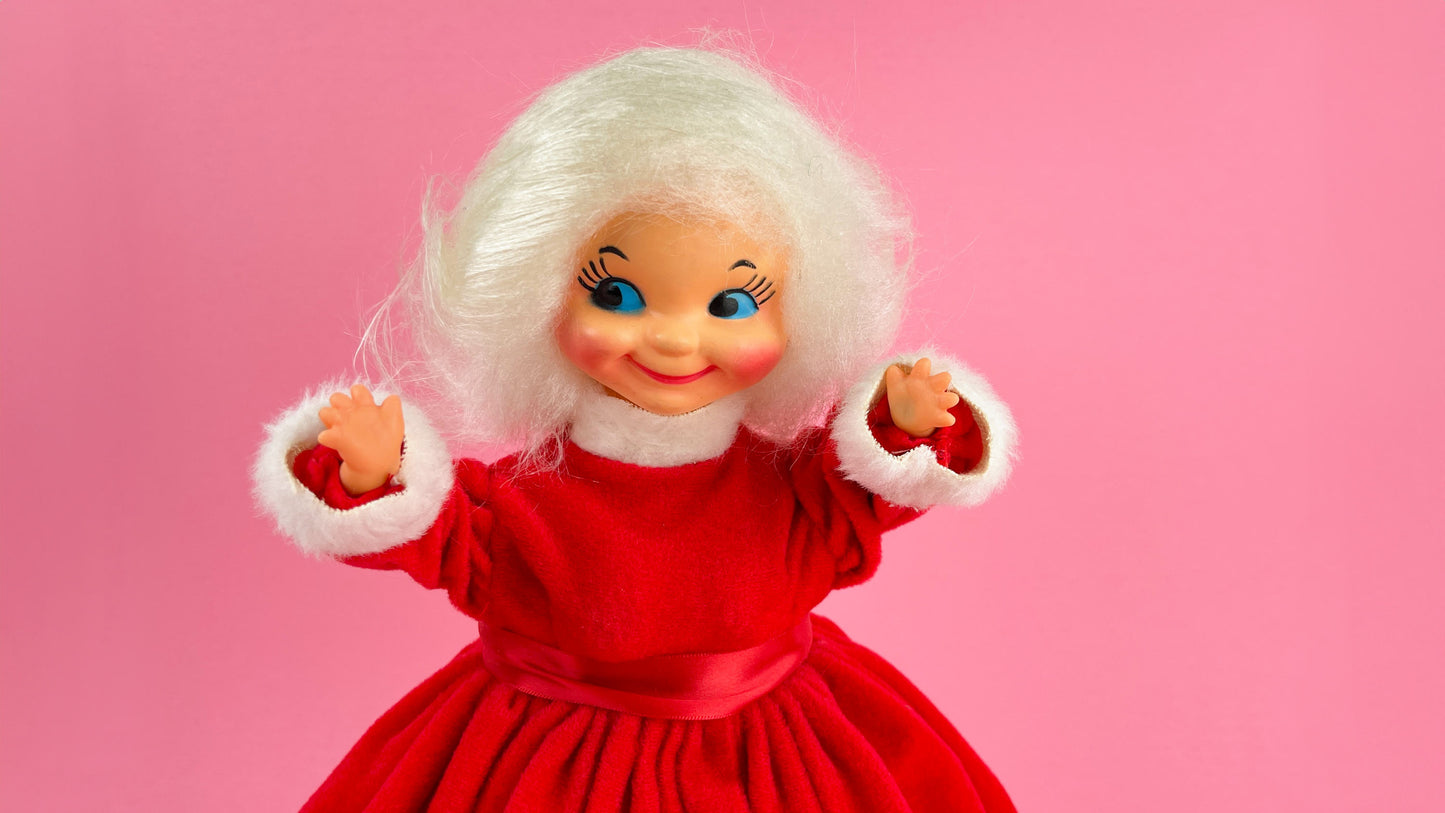 Vintage Kitschy Christmas Mrs. Claus Wearing Red Velvet Puffy Dress, White hair, Mid Century Christmas Kitsch 13.5" Tall