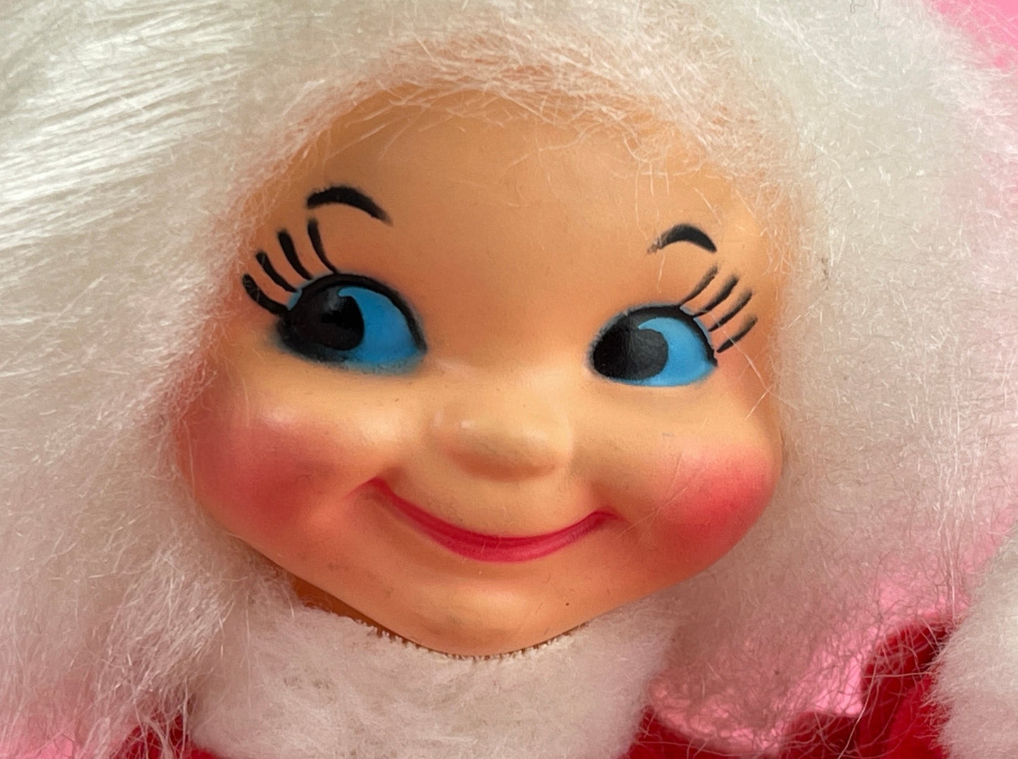 Vintage Kitschy Christmas Mrs. Claus Wearing Red Velvet Puffy Dress, White hair, Mid Century Christmas Kitsch 13.5" Tall