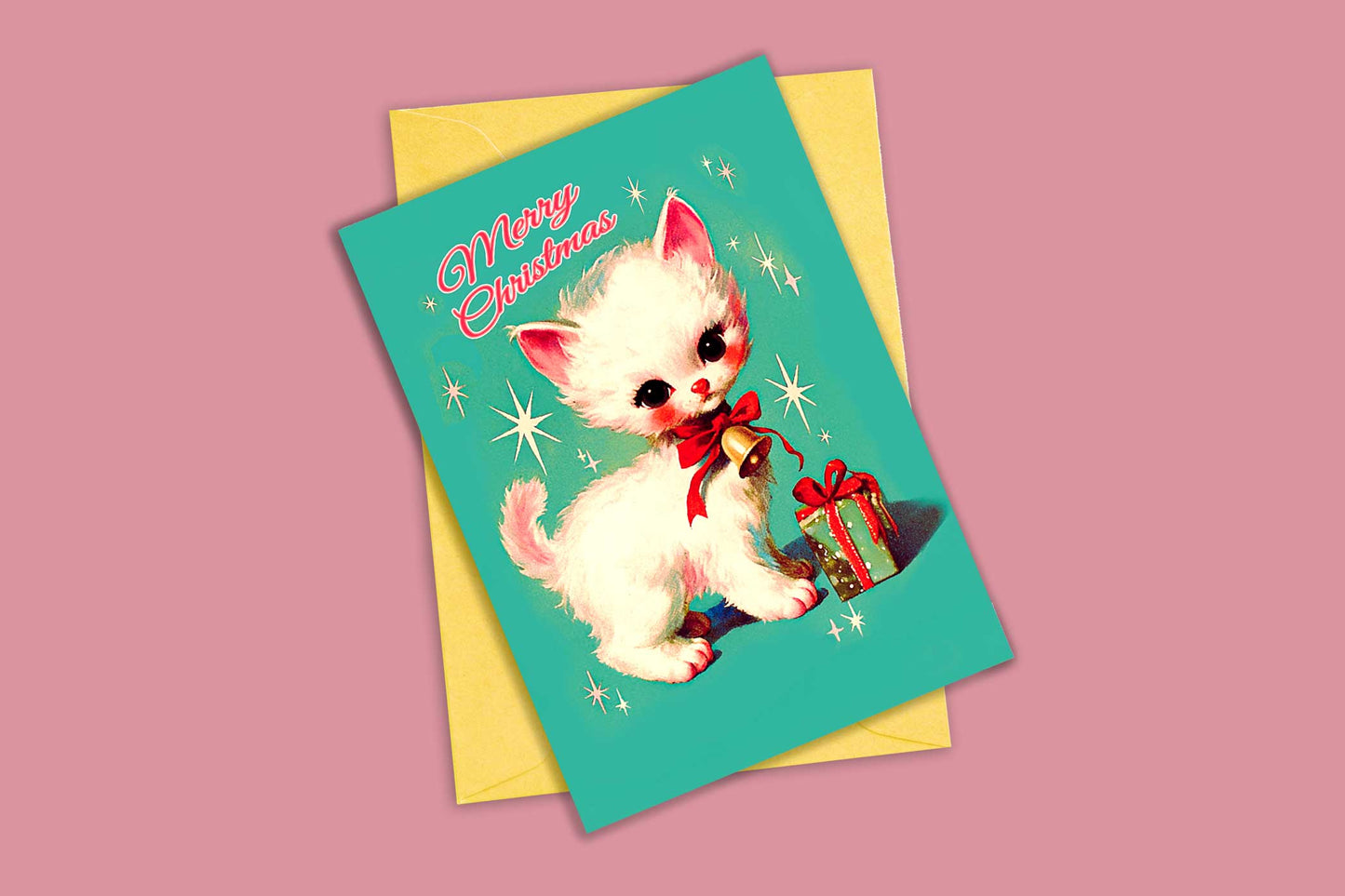 Kitschy Retro Christmas Card - Kawai Kitten