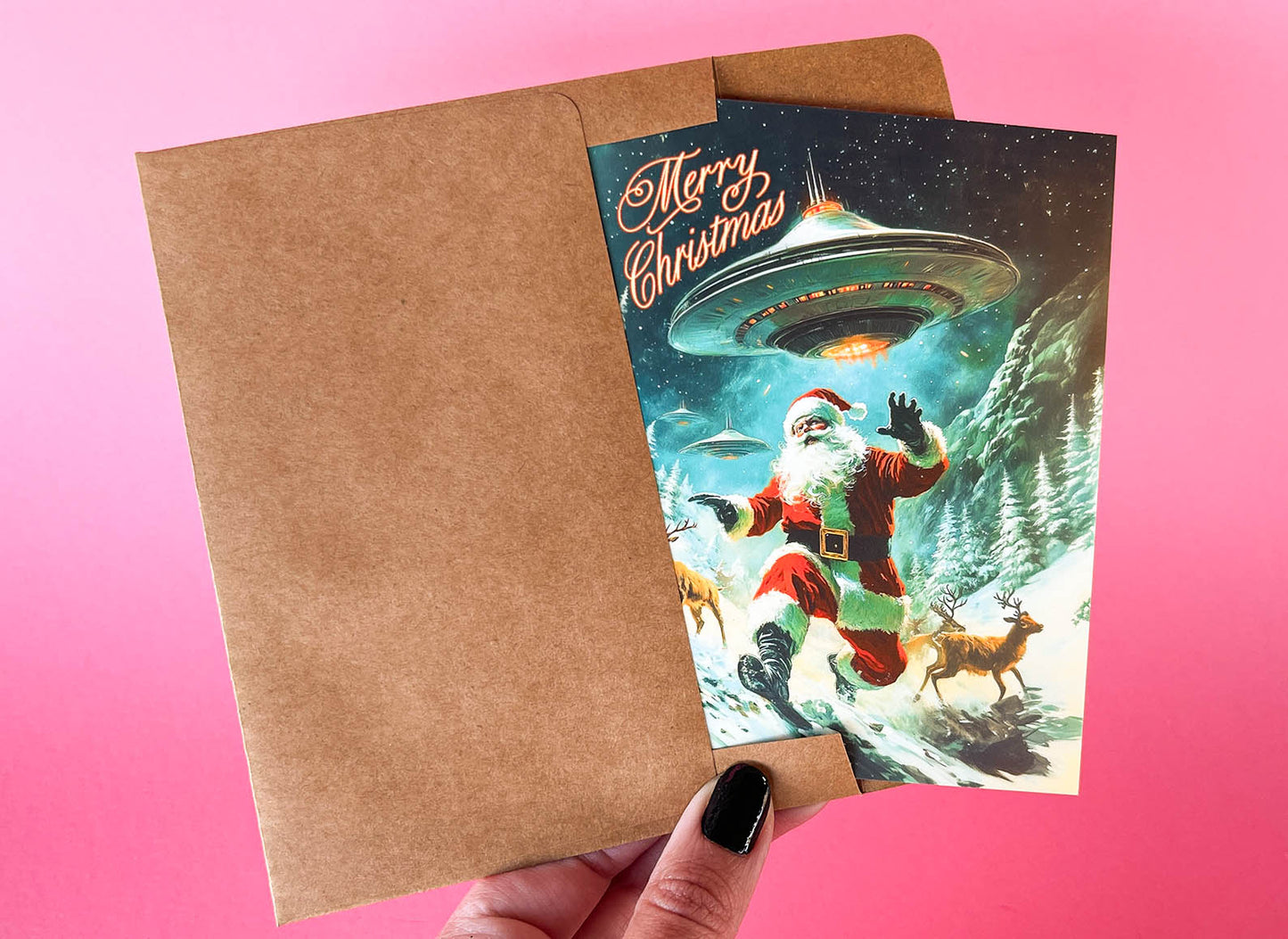 Santa & Aliens Christmas Card - Sci-fi Holiday Greeting Cards, Funny Christmas Cards, Weird Stuff, Alien Abduction Art, UFO's Cryptids Gift