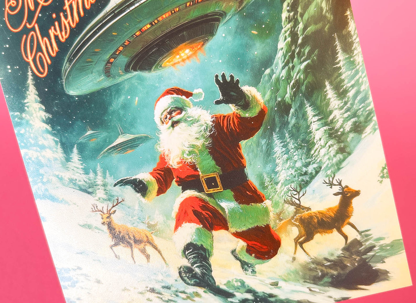 Santa & Aliens Christmas Card - Sci-fi Holiday Greeting Cards, Funny Christmas Cards, Weird Stuff, Alien Abduction Art, UFO's Cryptids Gift