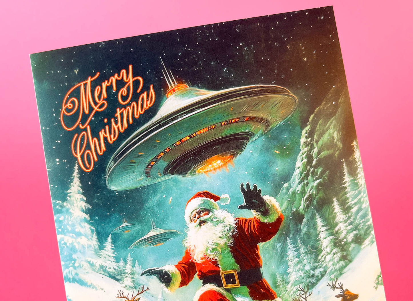 Santa & Aliens Christmas Card - Sci-fi Holiday Greeting Cards, Funny Christmas Cards, Weird Stuff, Alien Abduction Art, UFO's Cryptids Gift