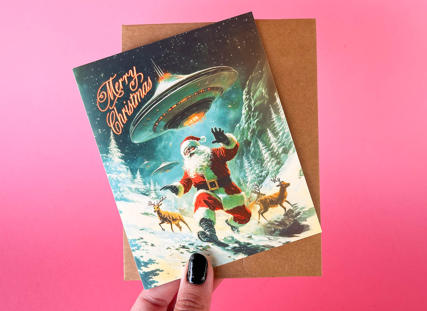 Santa & Aliens Christmas Card - Sci-fi Holiday Greeting Cards, Funny Christmas Cards, Weird Stuff, Alien Abduction Art, UFO's Cryptids Gift
