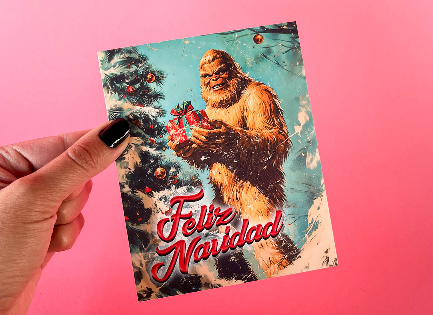 Kitschy Big Foot Christmas Card - Feliz Navidad Cryptozoology Holiday Greeting Cards, Funny Cryptid Gift for Cryptozoologist, Weird Stuff