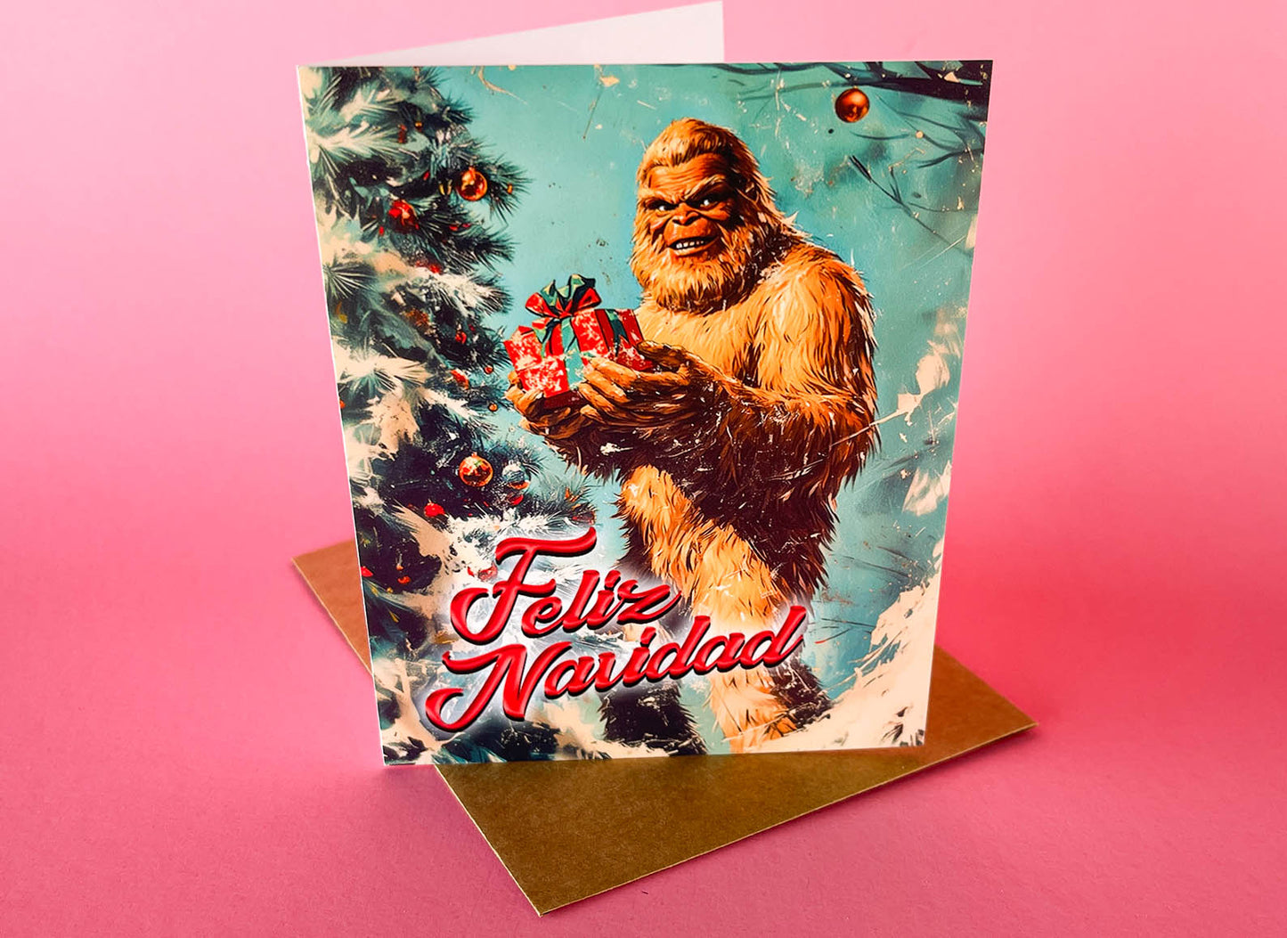 Kitschy Big Foot Christmas Card - Feliz Navidad Cryptozoology Holiday Greeting Cards, Funny Cryptid Gift for Cryptozoologist, Weird Stuff