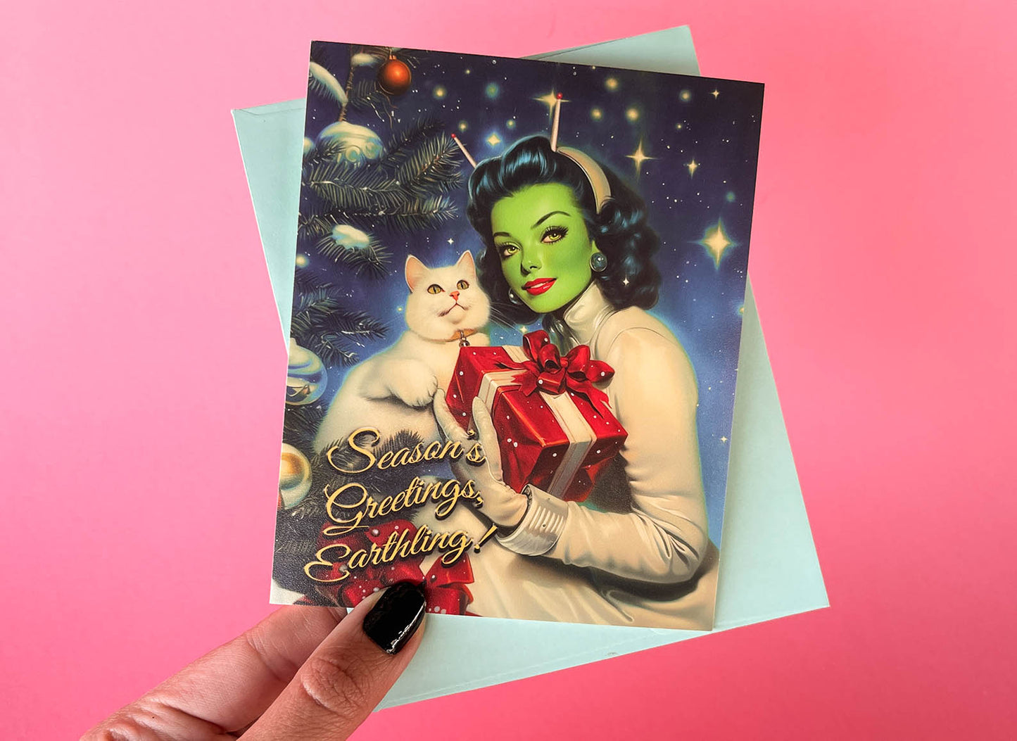 Vintage Inspired Sci-fi Christmas Card - Alien Pinup Martian Woman, Weird Holiday Greeting Cards - w/Envelope, Kitschy Retro Futuristic Art