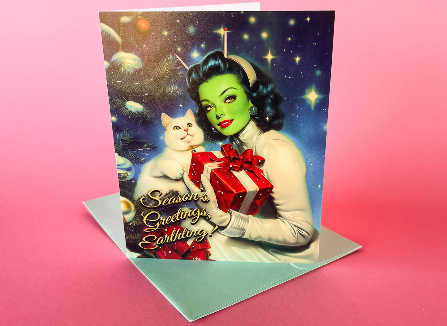 Vintage Inspired Sci-fi Christmas Card - Alien Pinup Martian Woman, Weird Holiday Greeting Cards - w/Envelope, Kitschy Retro Futuristic Art