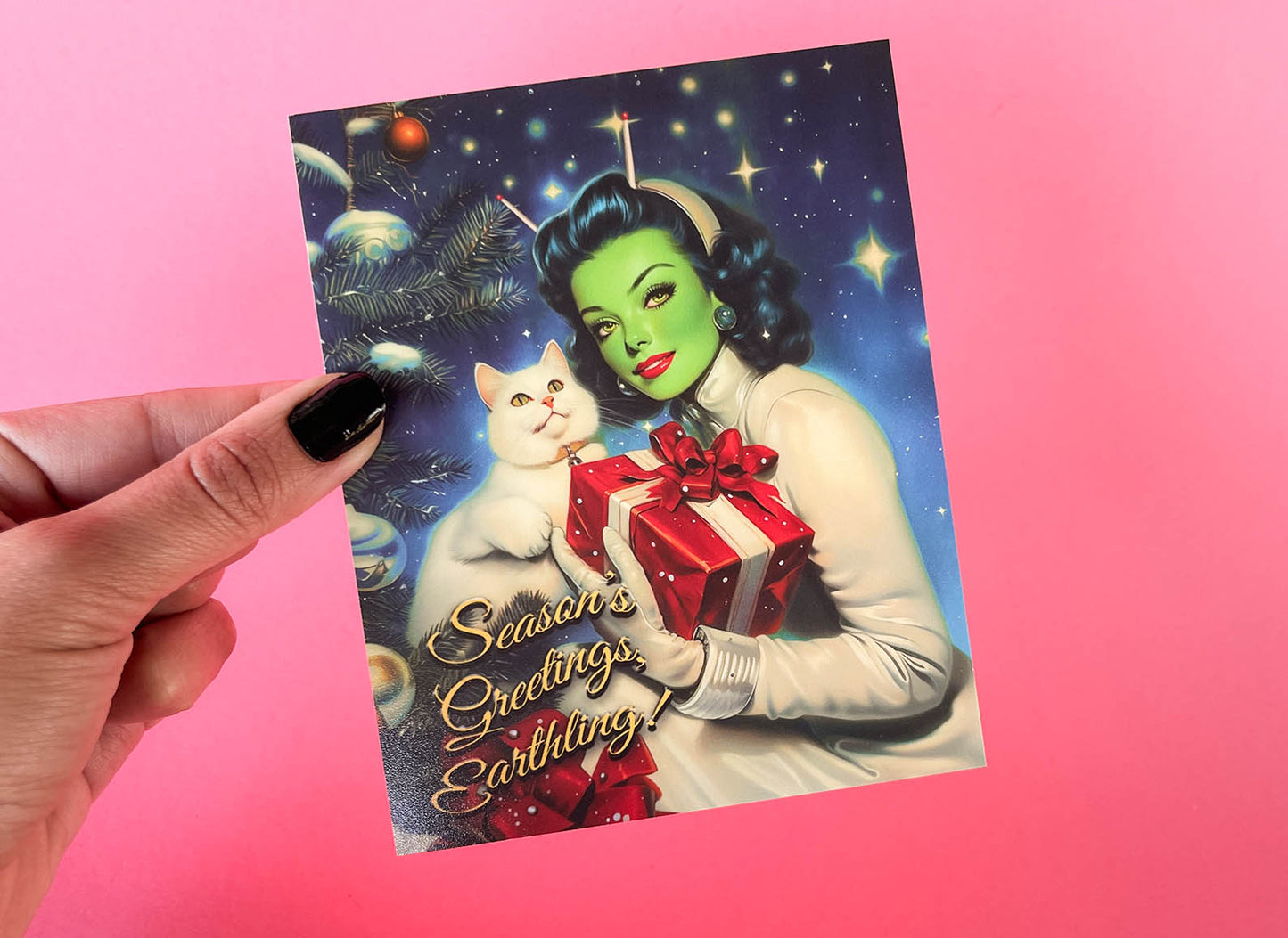 Vintage Inspired Sci-fi Christmas Card - Alien Pinup Martian Woman, Weird Holiday Greeting Cards - w/Envelope, Kitschy Retro Futuristic Art