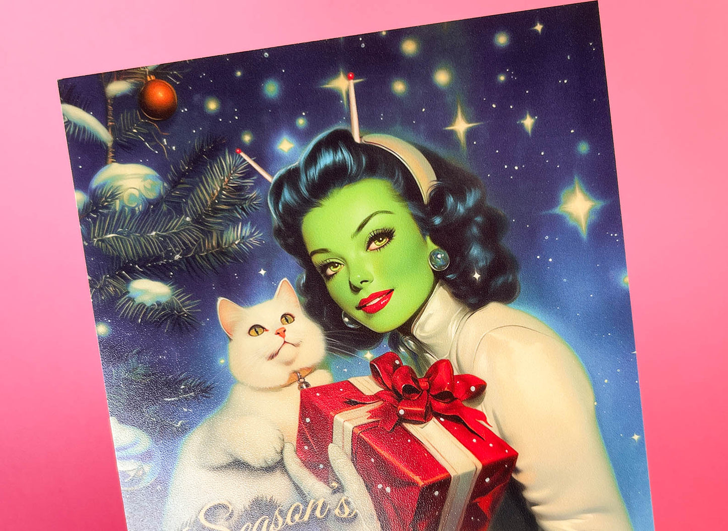 Vintage Inspired Sci-fi Christmas Card - Alien Pinup Martian Woman, Weird Holiday Greeting Cards - w/Envelope, Kitschy Retro Futuristic Art