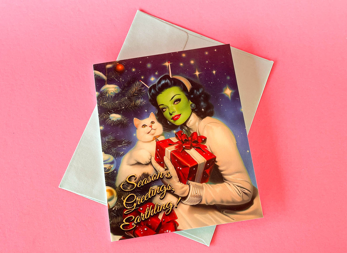 Vintage Inspired Sci-fi Christmas Card - Alien Pinup Martian Woman, Weird Holiday Greeting Cards - w/Envelope, Kitschy Retro Futuristic Art