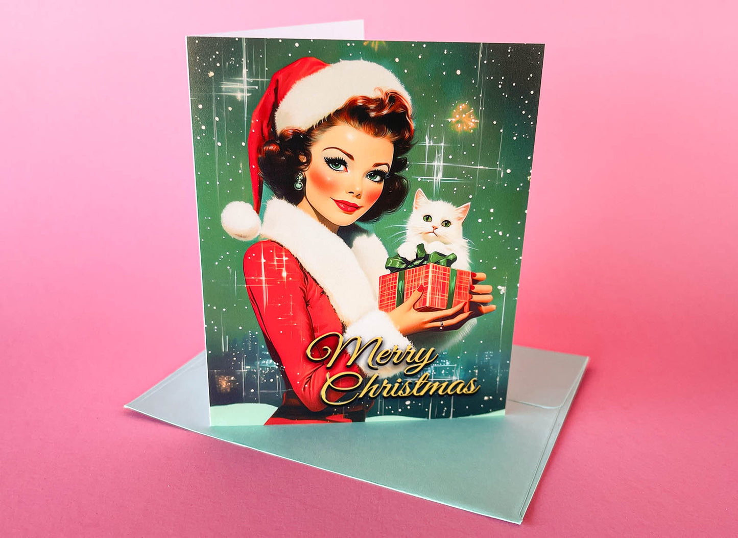 Kitschy Retro Christmas Card - PinUp Lady Wearing Santa outfit, Cute Vintage Inspired Holiday Greeting Cards - w/Envelope, Retro Ladies