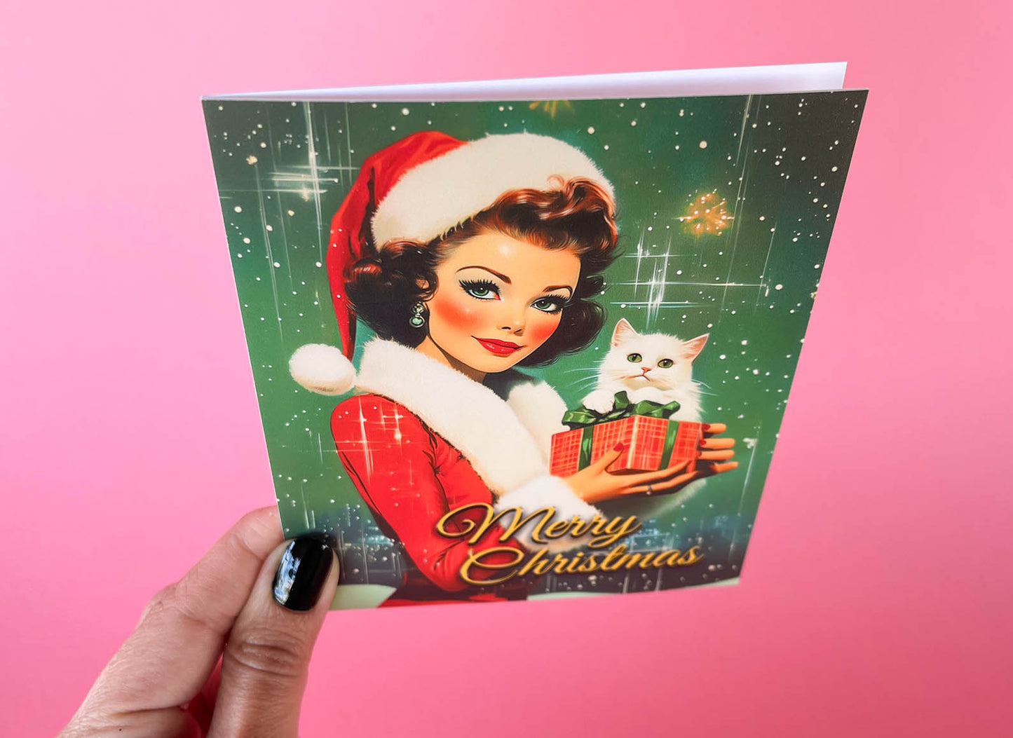 Kitschy Retro Christmas Card - PinUp Lady Wearing Santa outfit, Cute Vintage Inspired Holiday Greeting Cards - w/Envelope, Retro Ladies