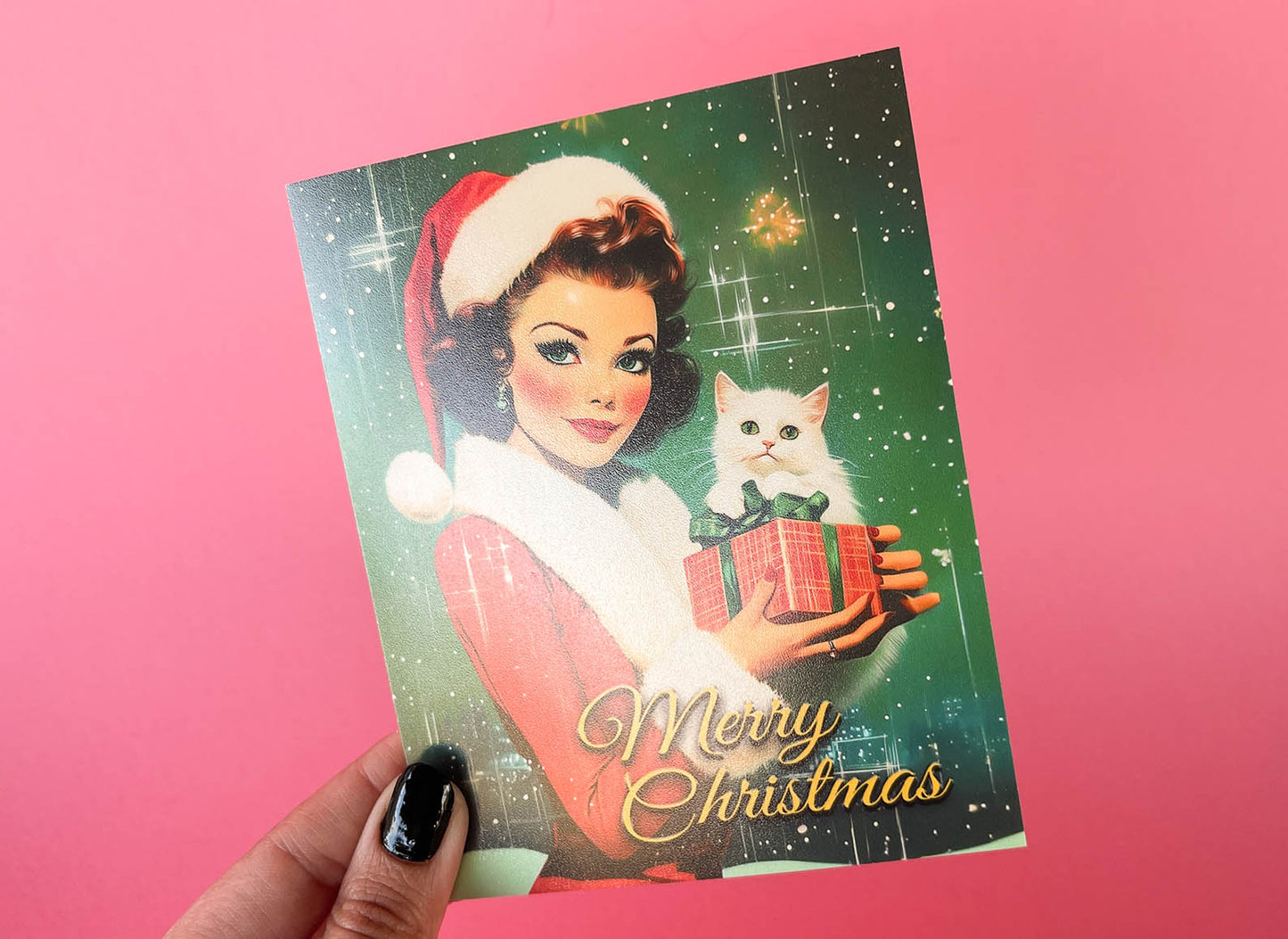 Kitschy Retro Christmas Card - PinUp Lady Wearing Santa outfit, Cute Vintage Inspired Holiday Greeting Cards - w/Envelope, Retro Ladies