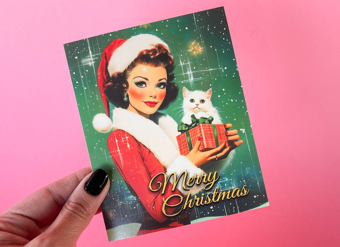 Kitschy Retro Christmas Card - PinUp Lady Wearing Santa outfit, Cute Vintage Inspired Holiday Greeting Cards - w/Envelope, Retro Ladies