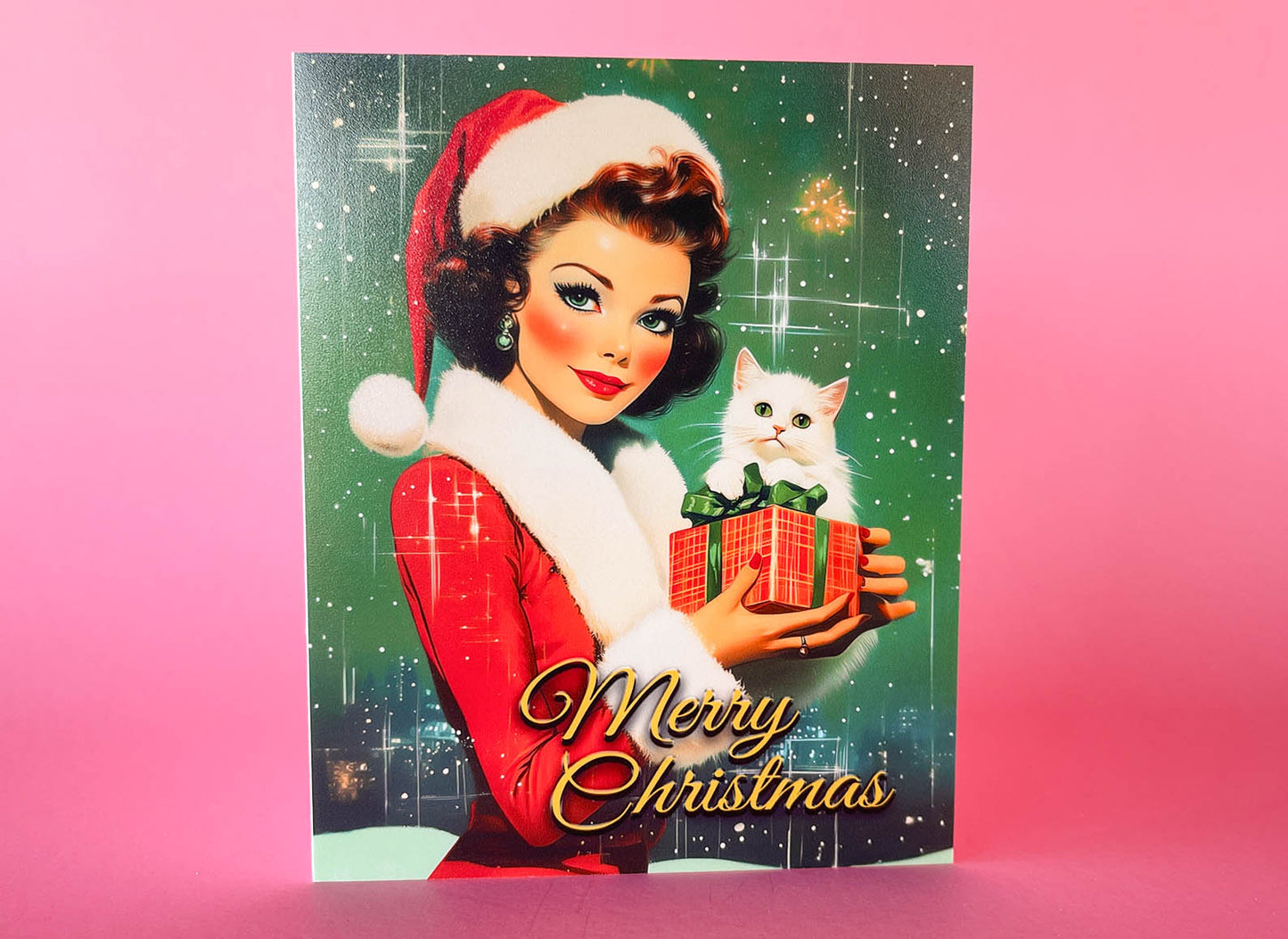 Kitschy Retro Christmas Card - PinUp Lady Wearing Santa outfit, Cute Vintage Inspired Holiday Greeting Cards - w/Envelope, Retro Ladies