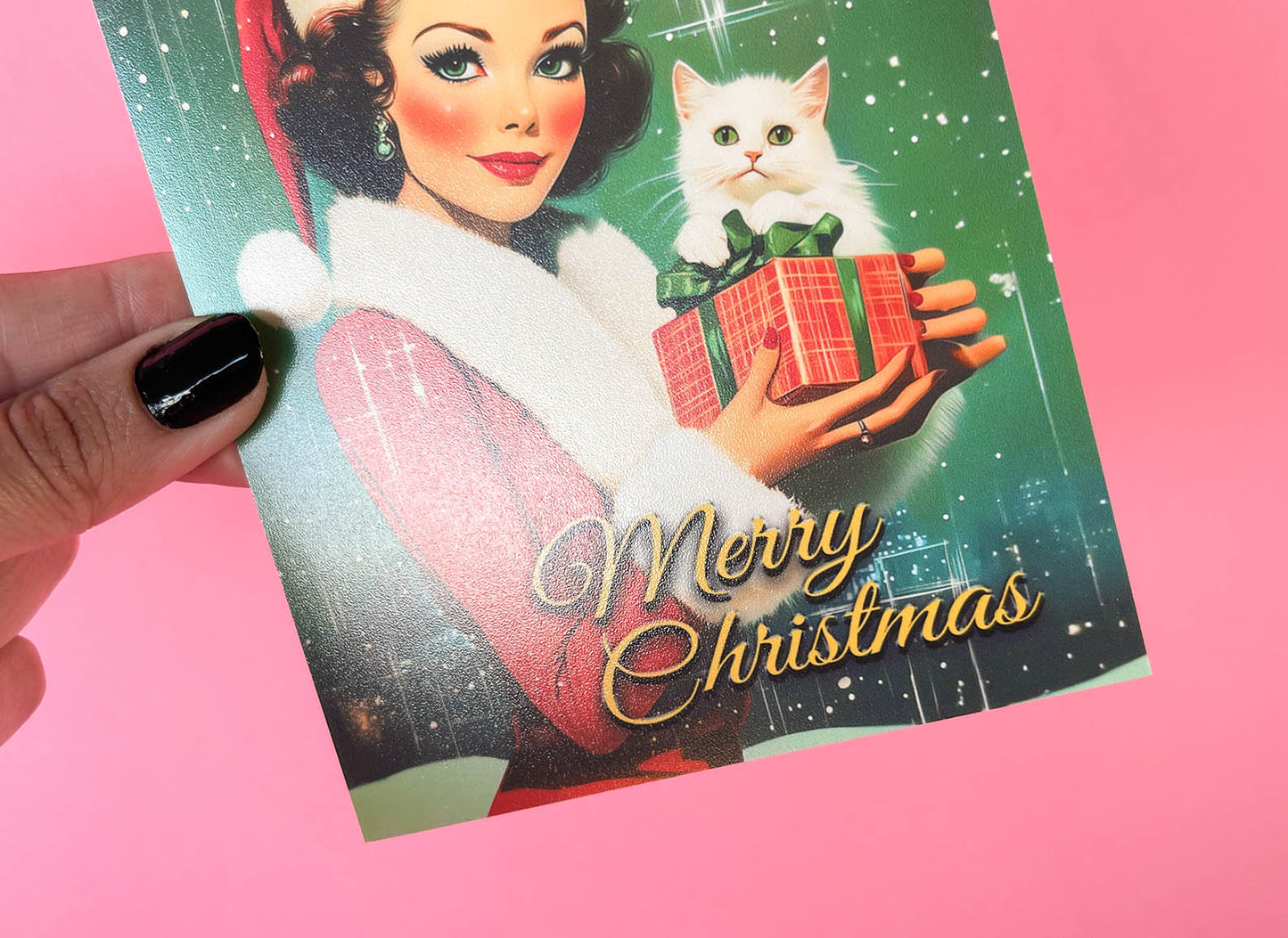 Kitschy Retro Christmas Card - PinUp Lady Wearing Santa outfit, Cute Vintage Inspired Holiday Greeting Cards - w/Envelope, Retro Ladies
