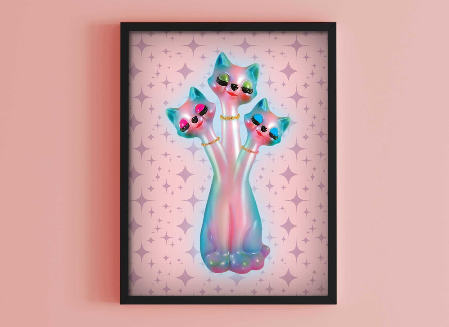 Kitschy Anthropomorphic 3 Headed Cat Fine Art print