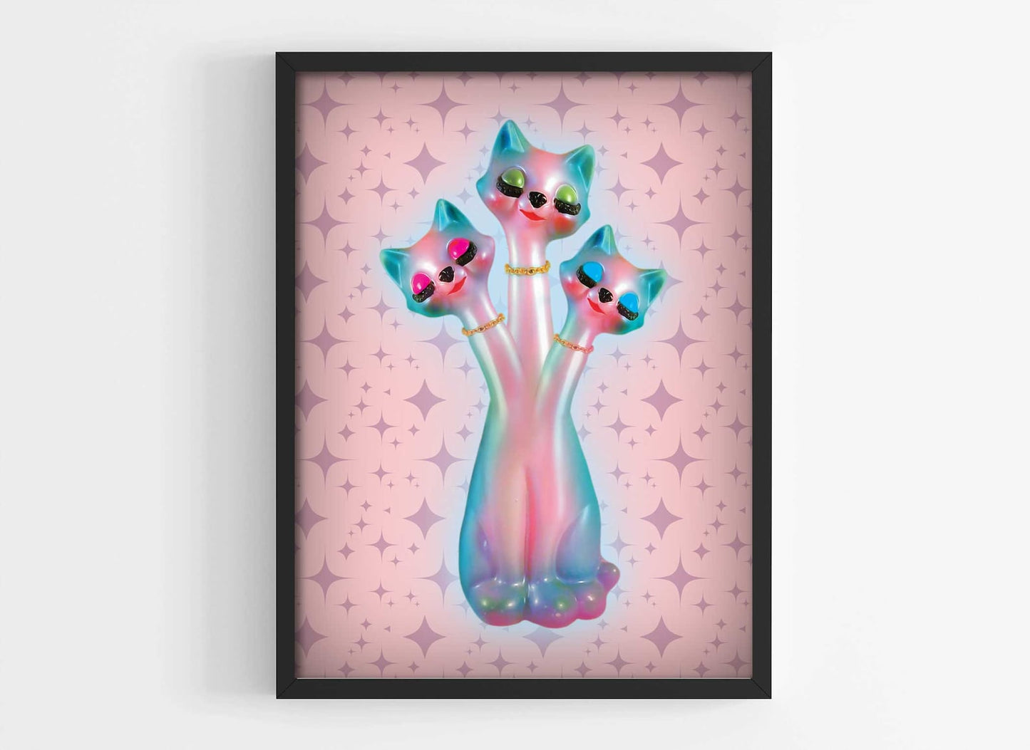 Kitschy Anthropomorphic 3 Headed Cat Fine Art print