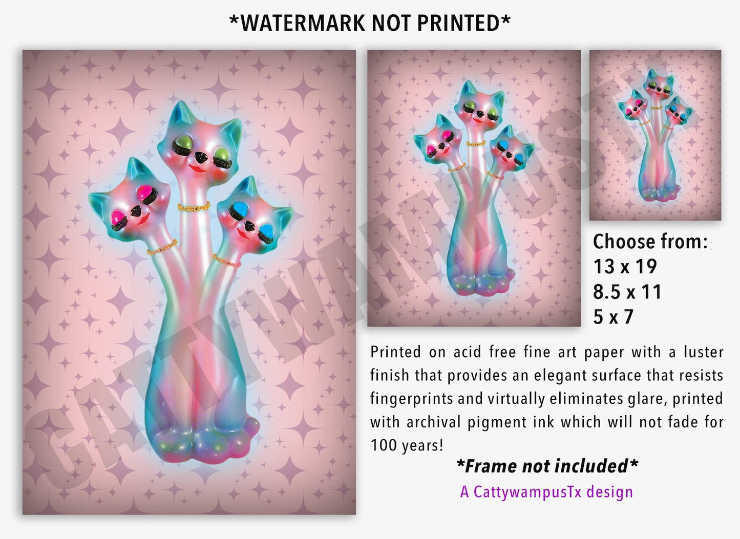 Kitschy Anthropomorphic 3 Headed Cat Fine Art print