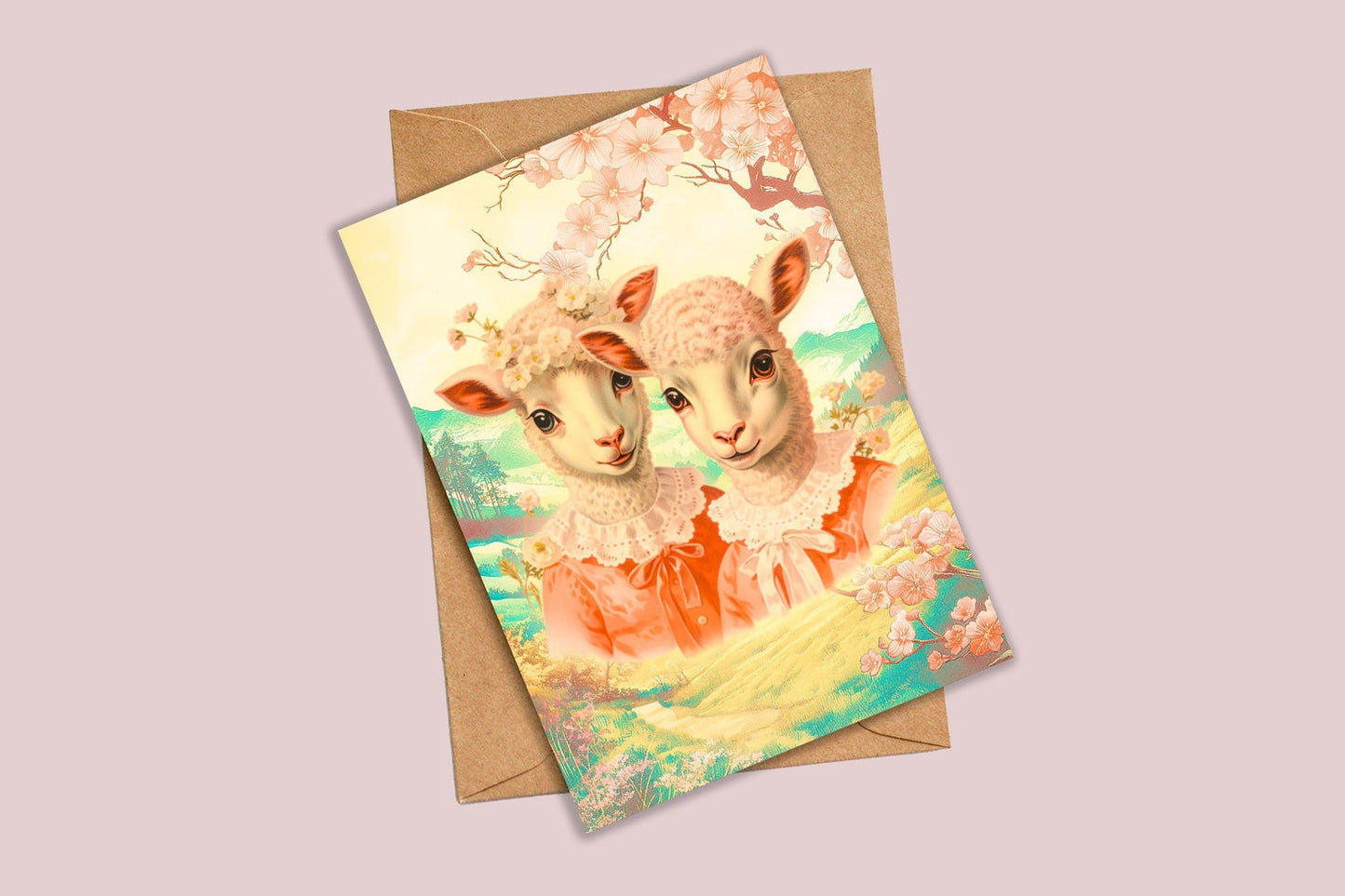 Pastel Anthropomorphic Lamb Twins Greeting Card