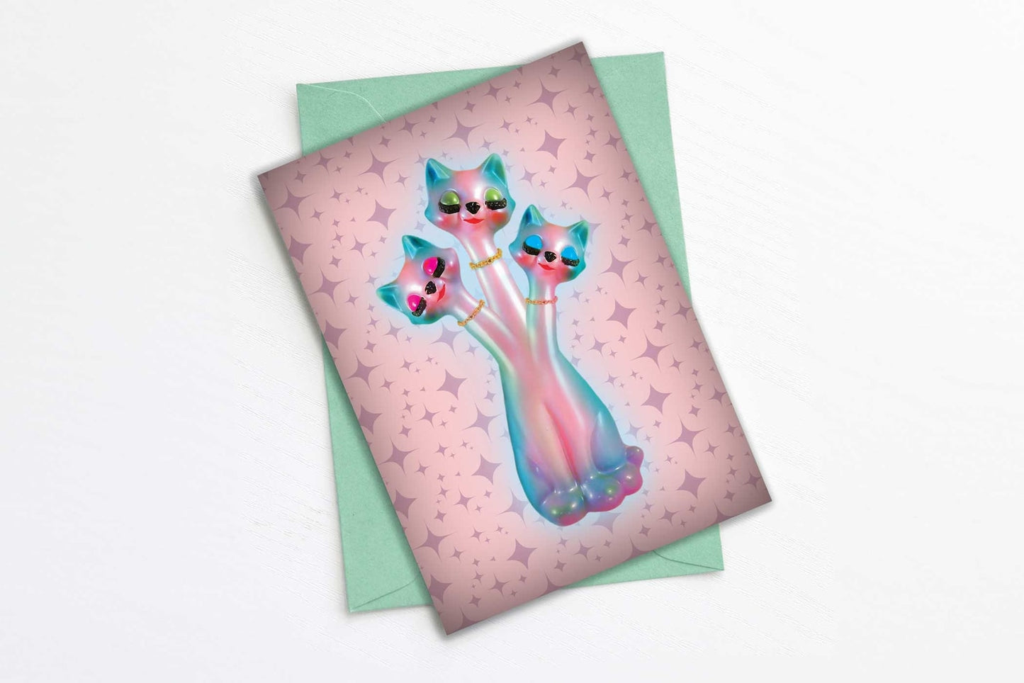 Kitschy Anthropomorphic 3 Headed Cat Greeting Card