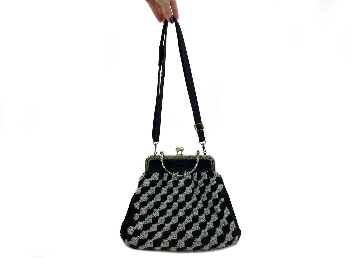 Crochet Cross Body Kiss Lock Purse with Adjustable Strap