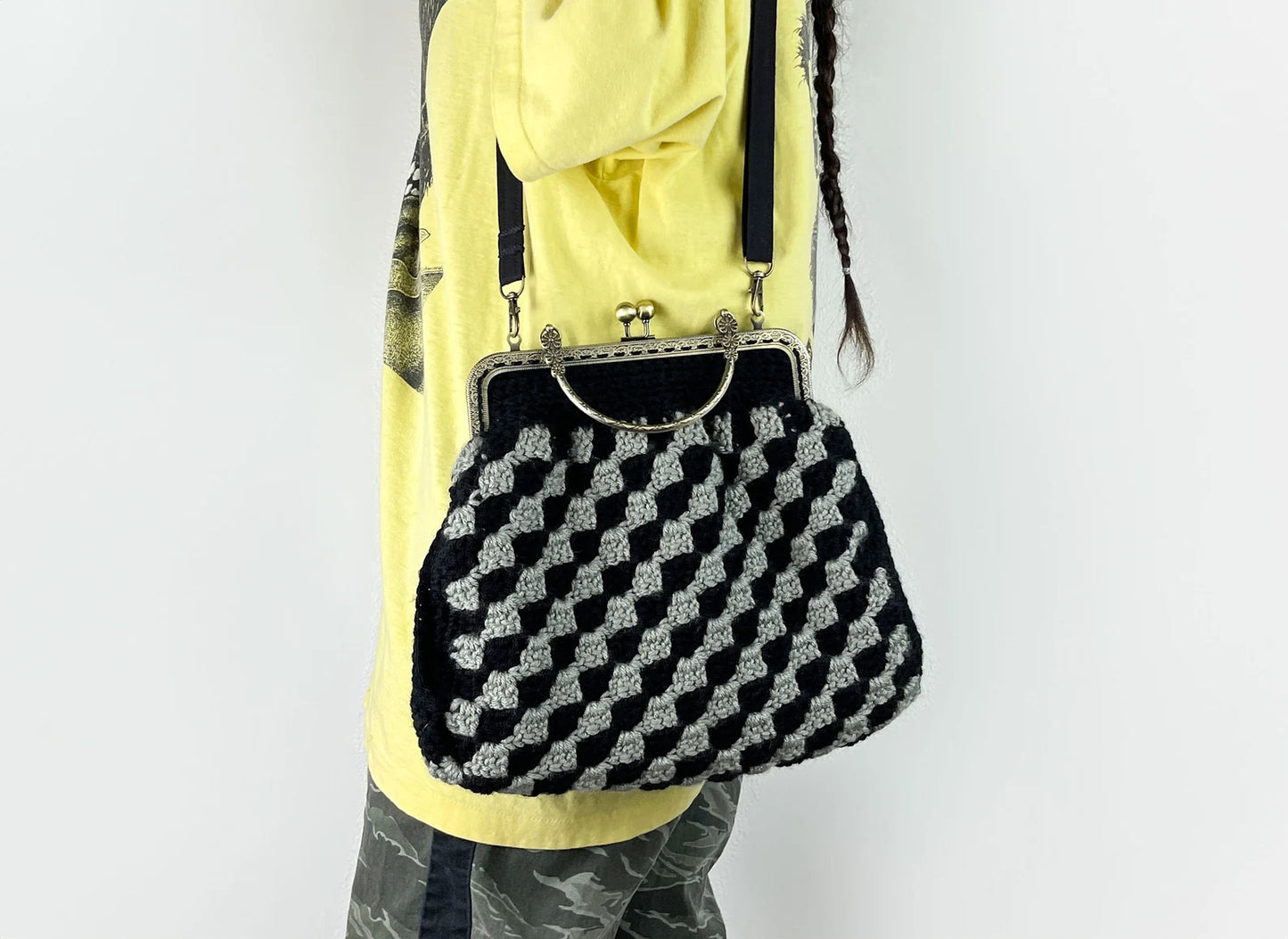 Crochet Cross Body Kiss Lock Purse with Adjustable Strap