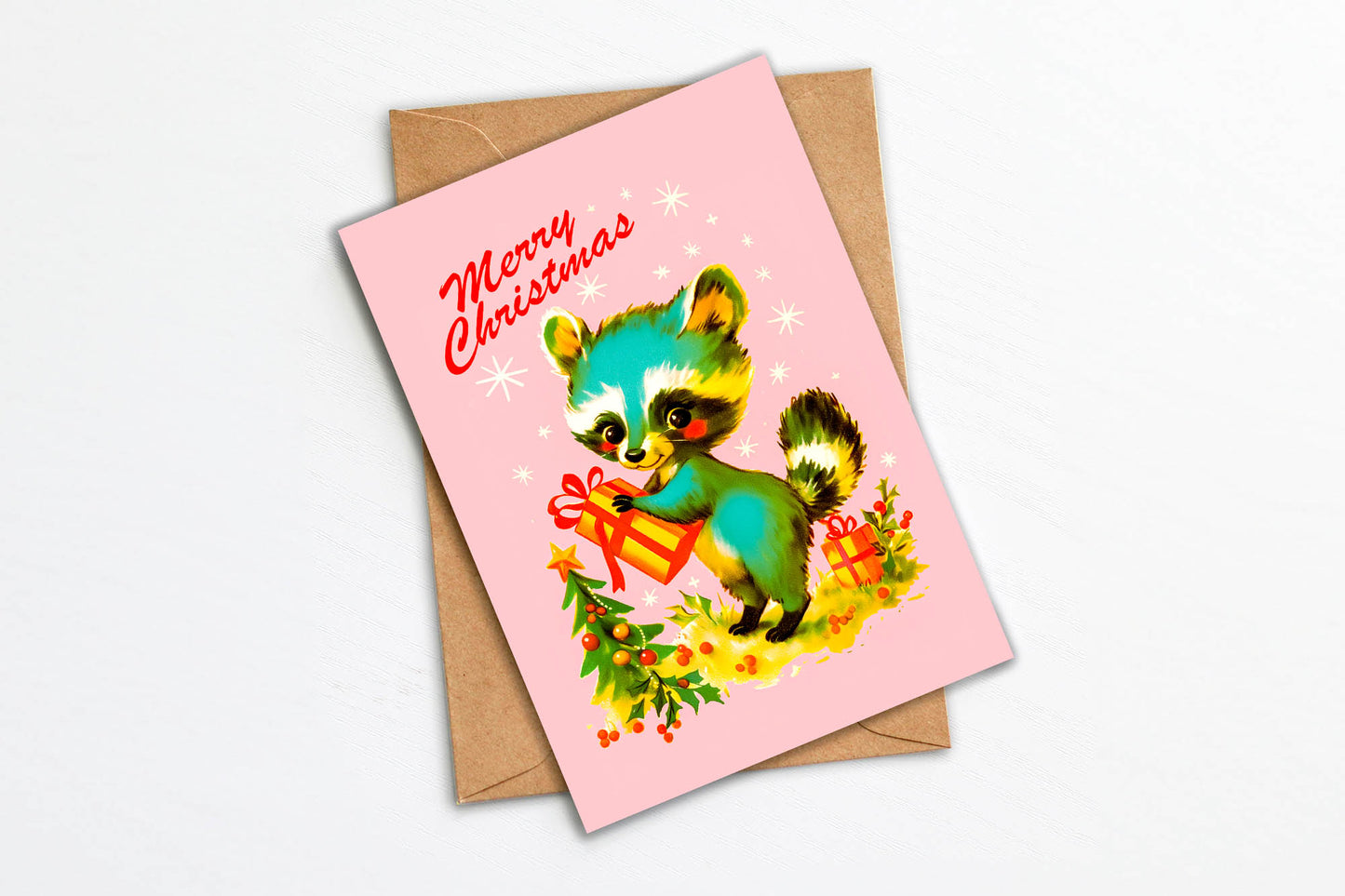Anthropomorphic Raccoon Kitschy Christmas Card