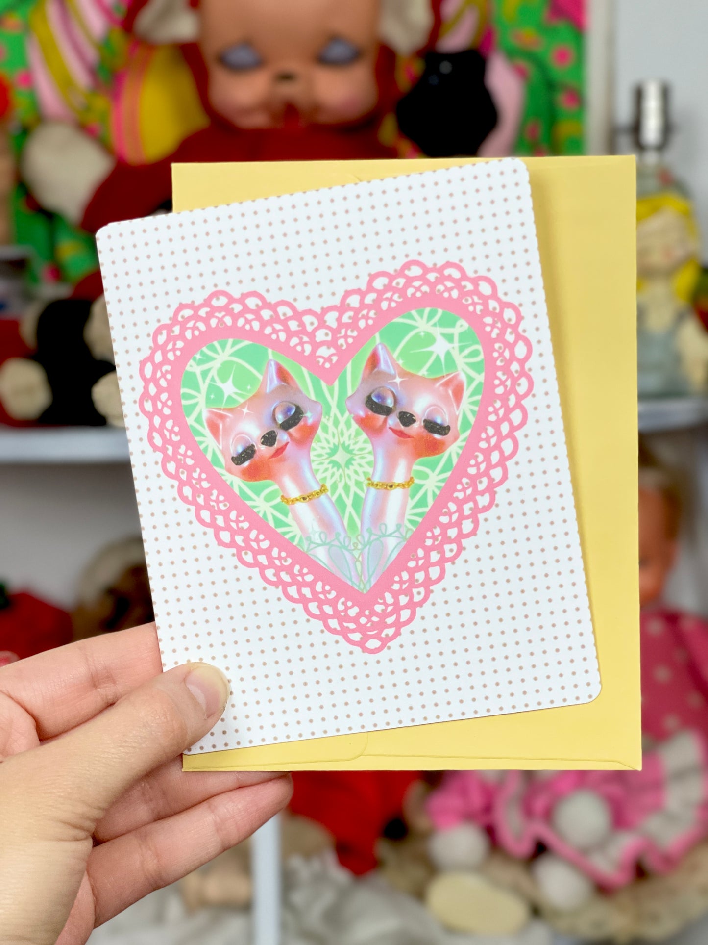 Two Kitschy Long Neck Cats Greeting Card