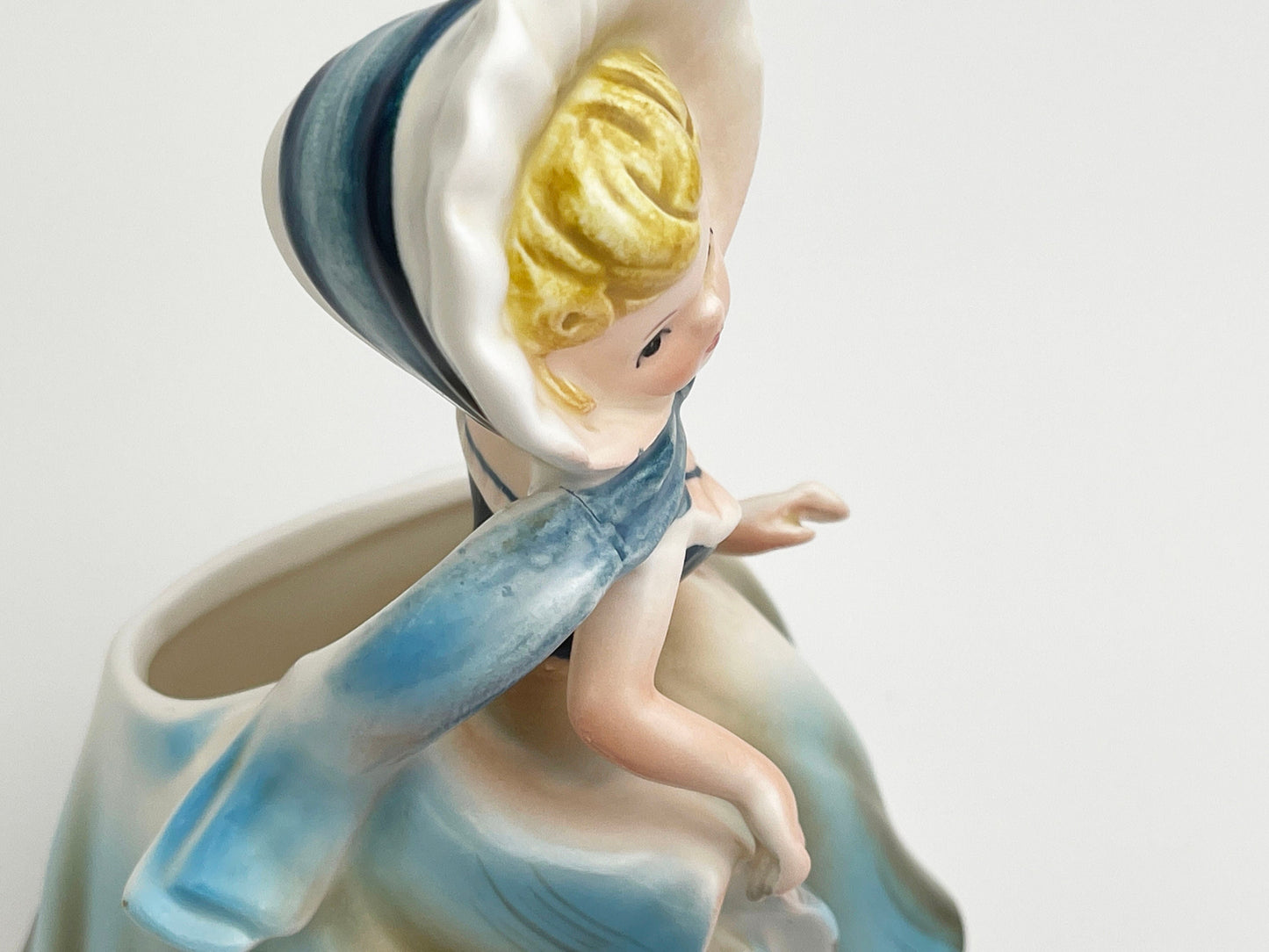 Vintage Planter | Southern Bell - Girl In Bonnet Wearing Blue Dress Ceramic Figurine | Planters Sculpture, Japan | Napco, Kitschy Flower Pot