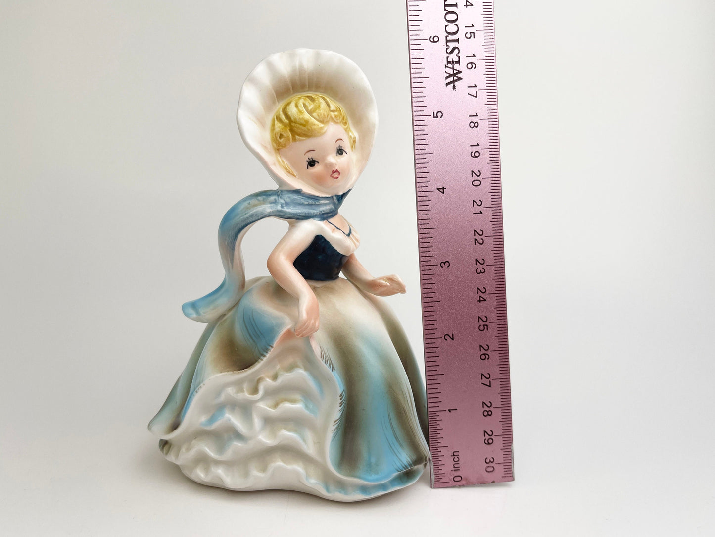 Vintage Planter | Southern Bell - Girl In Bonnet Wearing Blue Dress Ceramic Figurine | Planters Sculpture, Japan | Napco, Kitschy Flower Pot