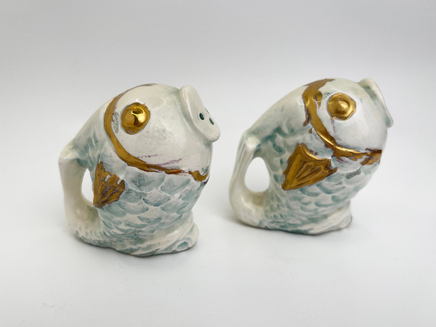 Vintage Fish Salt and Pepper Shakers | Mid Century | Hand Painted Ceramic | Gold, Blue, Beige