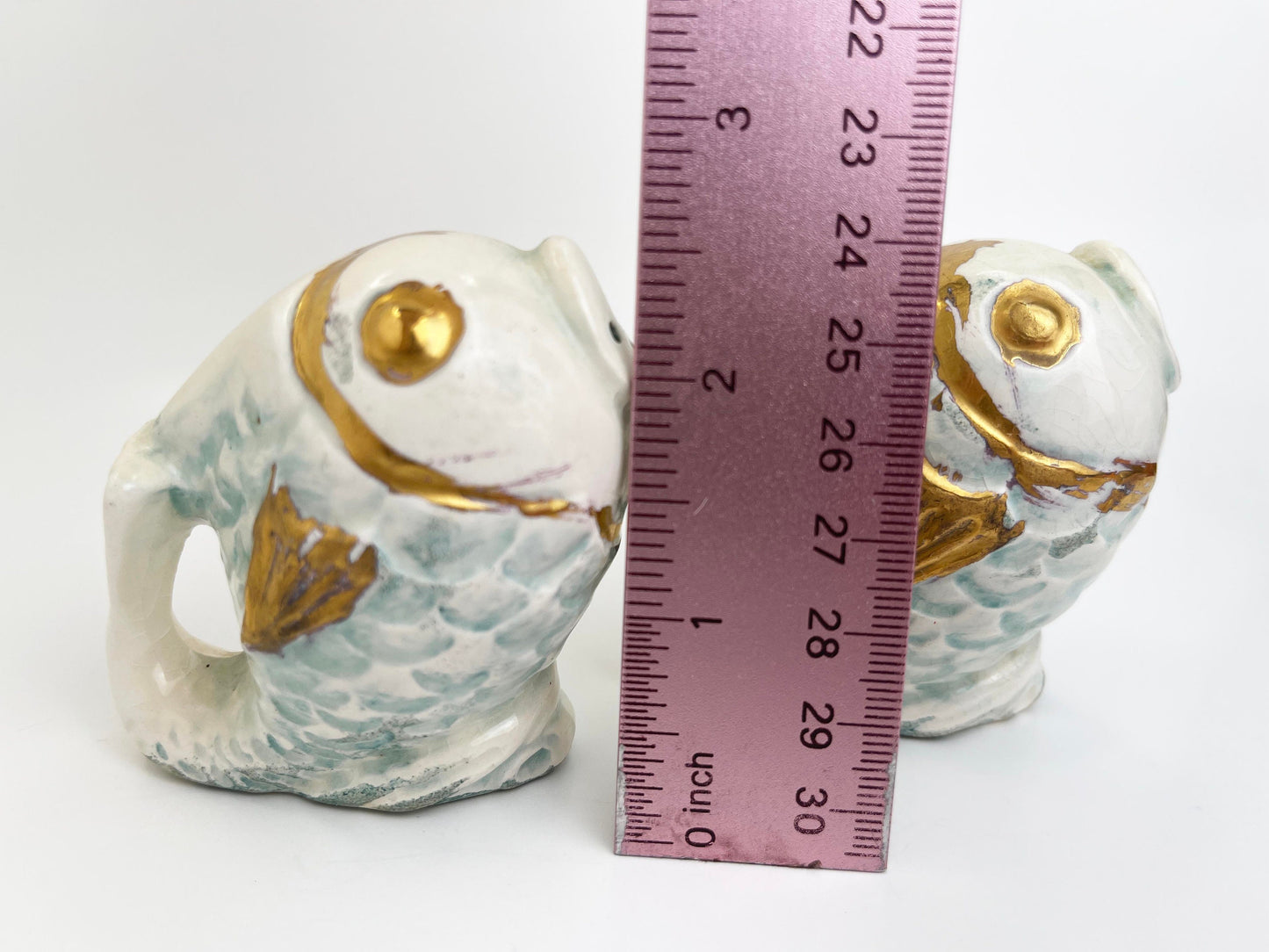 Vintage Fish Salt and Pepper Shakers | Mid Century | Hand Painted Ceramic | Gold, Blue, Beige