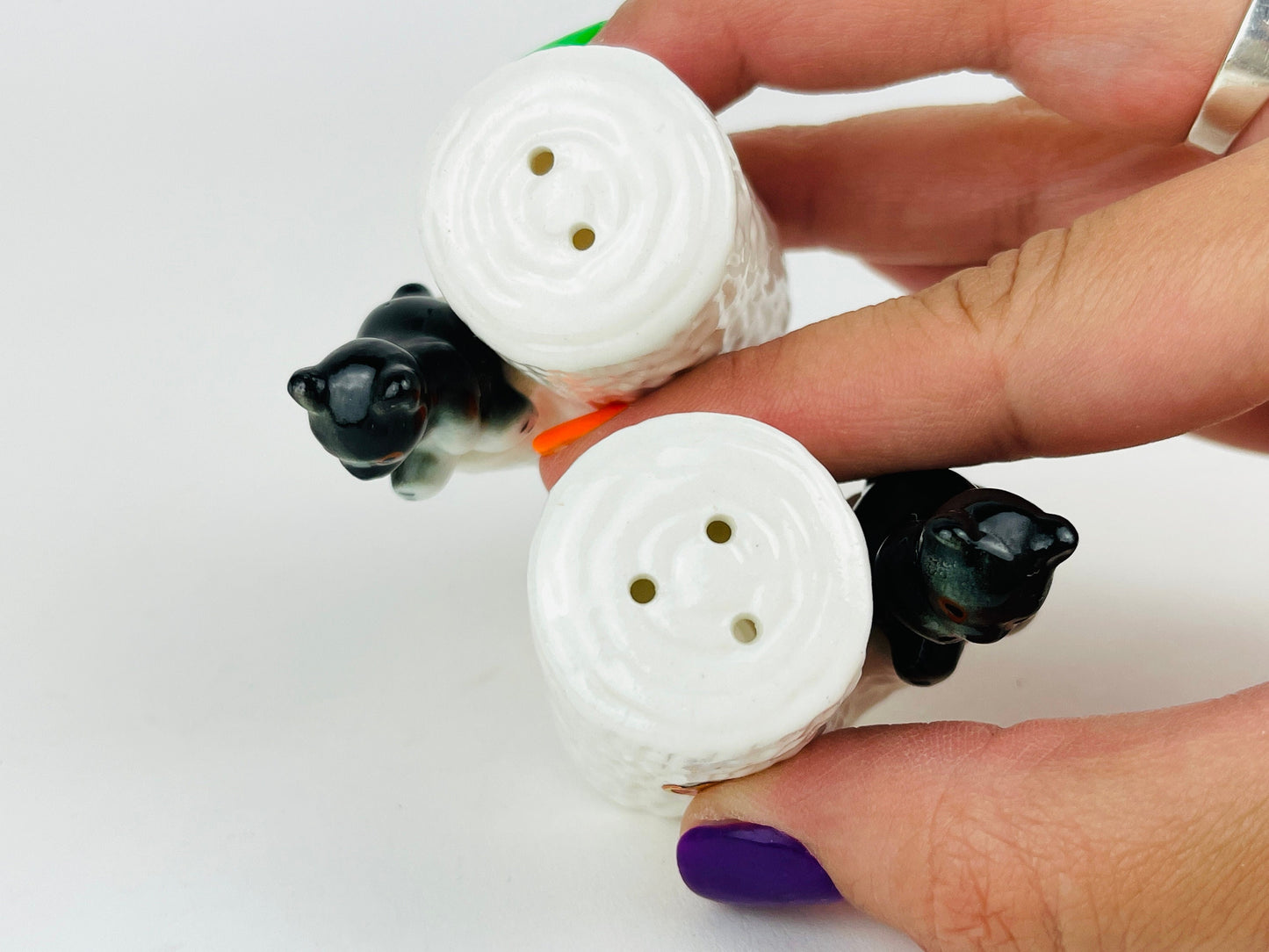 Vintage Salt and Pepper Shakers Bone China Baby Bear Cubs Sitting on white tree trunks Set of 2 Miniature Woodland Animal Critters Figurines