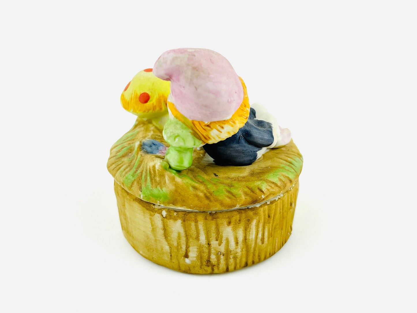 Vintage Trinket Box with Whimsical Woodland elf baby relaxing on a mushroom patch on a tree trunk Kitschy 1970's Ceramic Bisque Jewelry Box