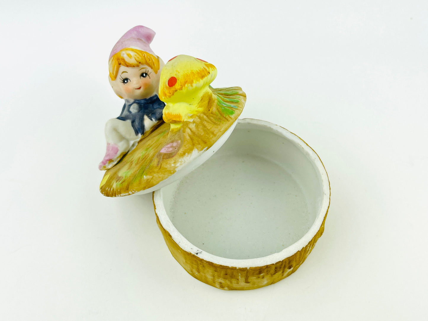 Vintage Trinket Box with Whimsical Woodland elf baby relaxing on a mushroom patch on a tree trunk Kitschy 1970's Ceramic Bisque Jewelry Box