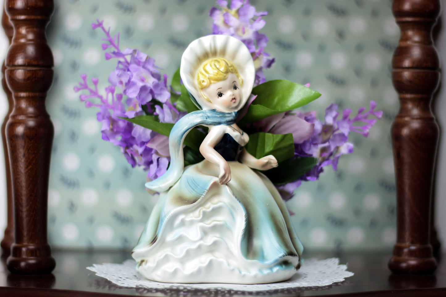 Vintage Planter | Southern Bell - Girl In Bonnet Wearing Blue Dress Ceramic Figurine | Planters Sculpture, Japan | Napco, Kitschy Flower Pot
