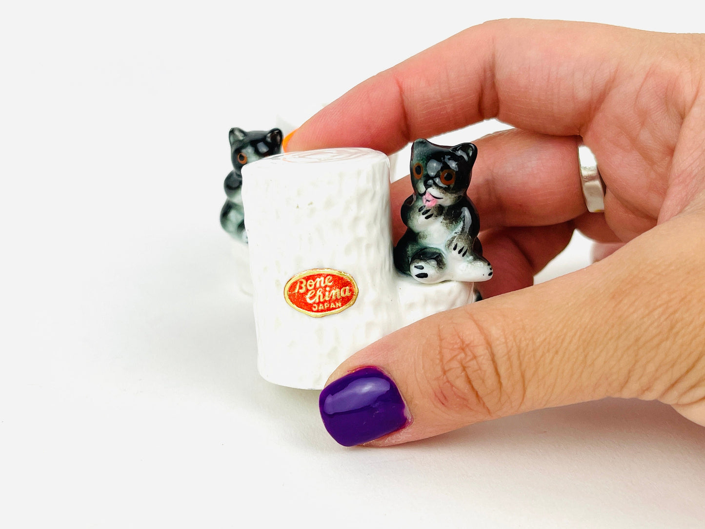 Vintage Salt and Pepper Shakers Bone China Baby Bear Cubs Sitting on white tree trunks Set of 2 Miniature Woodland Animal Critters Figurines