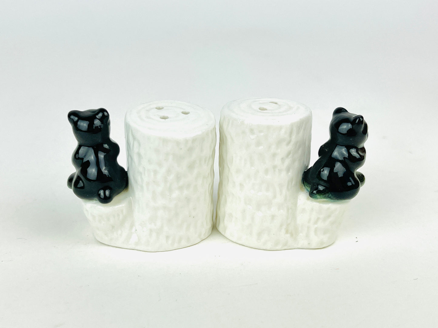 Vintage Salt and Pepper Shakers Bone China Baby Bear Cubs Sitting on white tree trunks Set of 2 Miniature Woodland Animal Critters Figurines