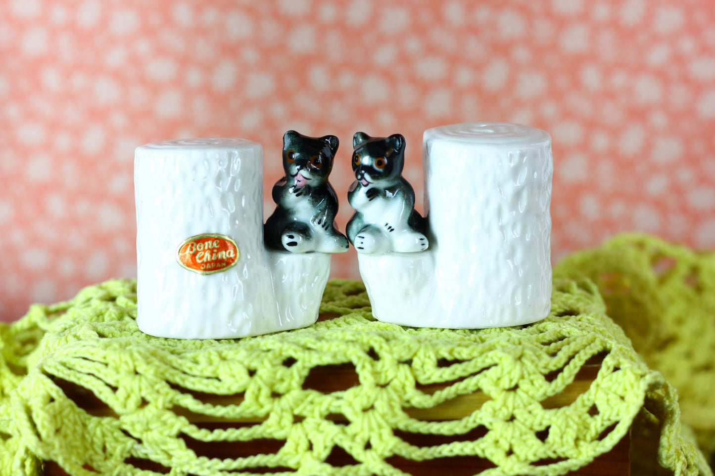 Vintage Salt and Pepper Shakers Bone China Baby Bear Cubs Sitting on white tree trunks Set of 2 Miniature Woodland Animal Critters Figurines