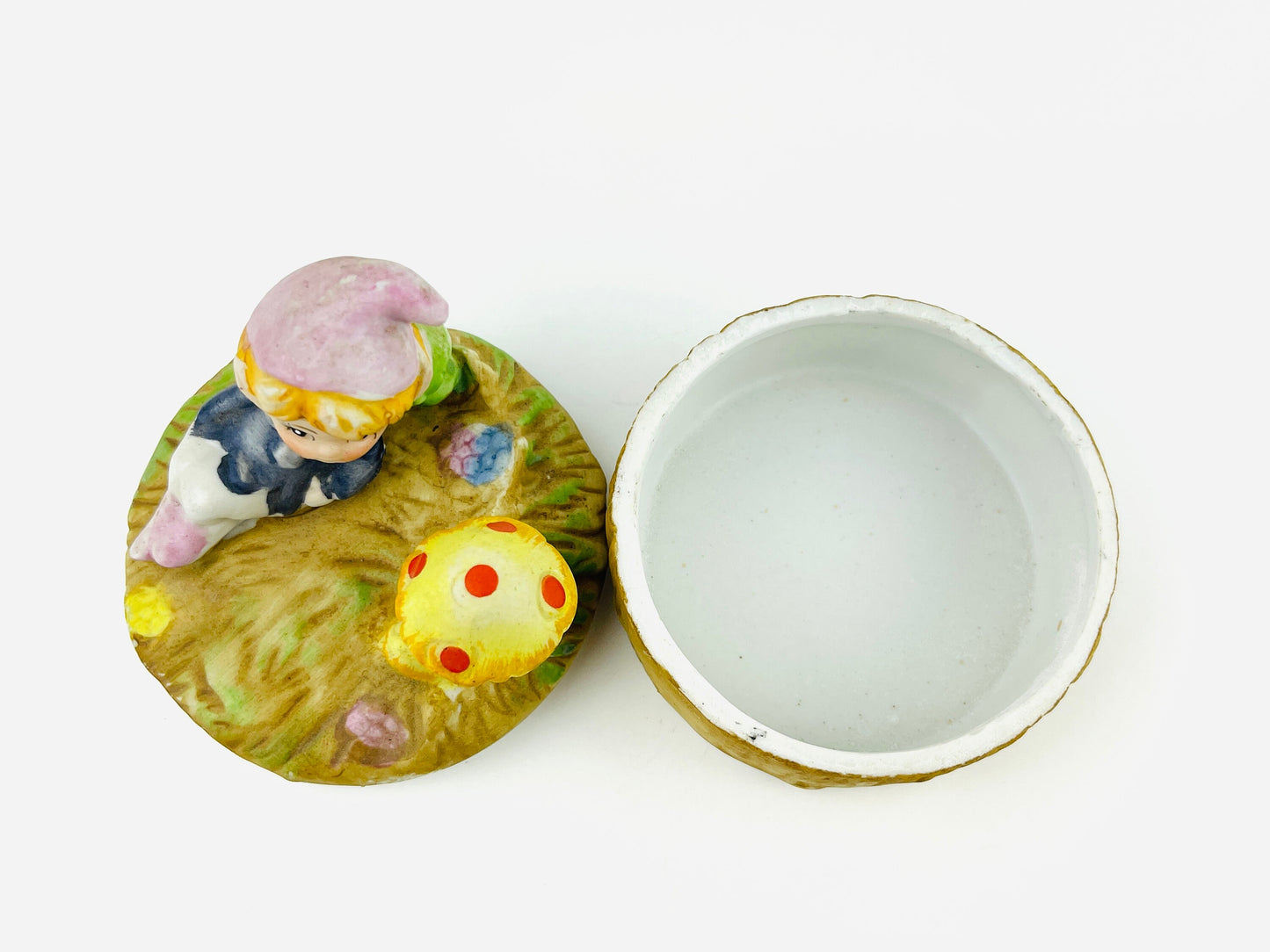Vintage Trinket Box with Whimsical Woodland elf baby relaxing on a mushroom patch on a tree trunk Kitschy 1970's Ceramic Bisque Jewelry Box