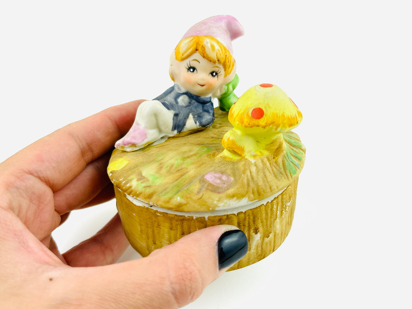 Vintage Trinket Box with Whimsical Woodland elf baby relaxing on a mushroom patch on a tree trunk Kitschy 1970's Ceramic Bisque Jewelry Box